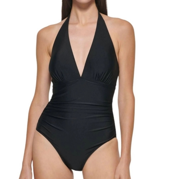 New DKNY Women's Halter Shirred Black Solid Swimsuit. - Picture 1 of 15
